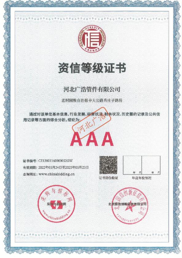 AAA资信等级证书